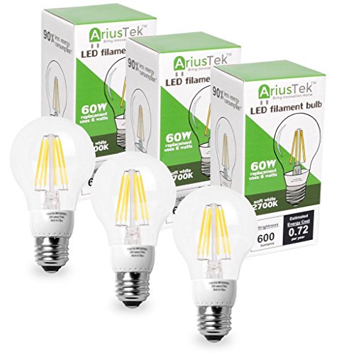 AriusTek A19 6W LED Filament Light Bulb Soft White 2700K, 60-watt Equivalent, 3 Pack
