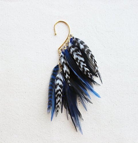 Navy Blue &amp; Natural Feather Ear Wrap in Gold