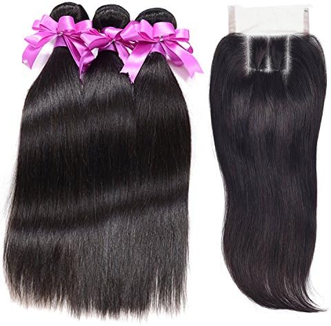 Afee Hair Brazilian Virgin Hair 3 Bundles 7a Grade Bundles with Closure Deal Brazilian Straight Hair with 3 Way Part Lace Closure Natural Color