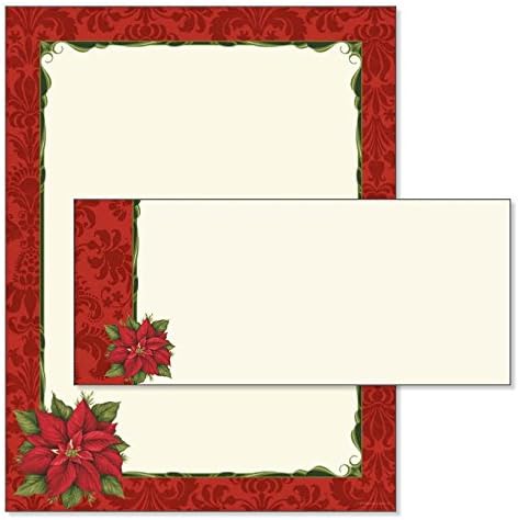 Poinsettia Damask Christmas Letter Paper &amp; Matching Holiday Envelopes (50 Pack)