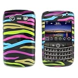 Black with Green Purple Pink Multi Color Zebra Snap on Hard Skin Shell Protector Cover Case for Blackberry Bold 2 Bold2 9700 + Belt Clip + in Blister Retail Package