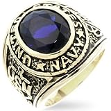 Mens Ring - Mens Ring - Navy, Class Ring, Round Bezeled CZ, Black EnamelGold, United States Navy