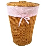 Badger Basket Rattan Hamper With Lid & Drawstring Liner -16 W. X 22 H. 0165H HONEY Round Rattan Hamper - Pink Gingham Liner