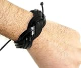 Image of Mens Womens Chunky Black Leather Plaited Wristband Bracelet