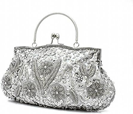 VMATE® Exquisite Antique Floral Seed Bead Sequin Soft Clutch Evening Bag with Shoulder Chain