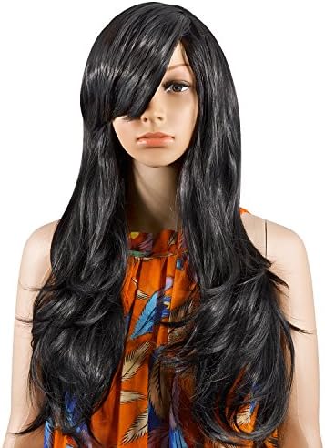 Krodi Wig Fashion Cosplay Heat Resistant Big Wavy Long Curly Wavy Human Hair Wigs (Black)