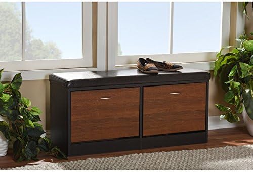 Baxton Studio Foley Modern Contemporary 2-tone Dark Brown Oak Finish Entryway Storage Cushion Bench Shoe Rack Cabinet Organizer