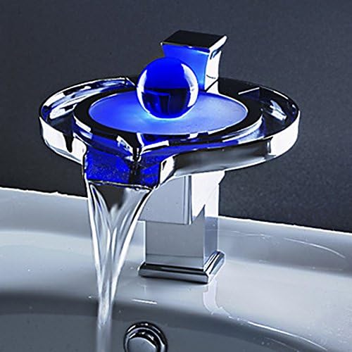 TOPCHANCES Contemporary Vessel Sink Vanity Chrome Finish Single Handle Color Changing LED Waterfall Bathroom Sink Faucet Unique Designer Widespread Single Hole One Handle Short Spout Bathtub Mixer Taps Bath Shower Faucets Lavatory Plumbing Fixture