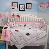 New Soho Ladybug Flowers Garden Baby Crib Nursery Bedding Set 10 Pieces **Reversible Into Morden Pink and Brown Polka Dot Designs **