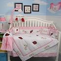 New Soho Ladybug Flowers Garden Baby Crib Nursery Bedding Set 10 Pieces **Reversible Into Morden Pink & Brown Polka Dot Designs! **