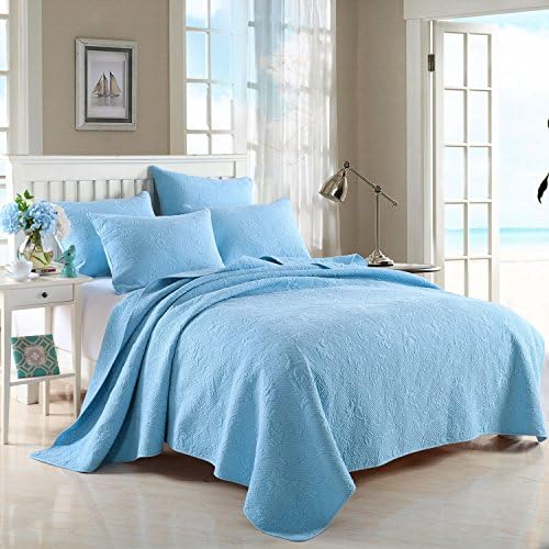100% Cotton 3 Piece Reversible Quilt Set, Bedspreads Set, Coverlets, Full/Queen (807 Blue)