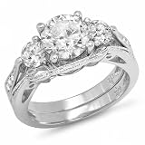 2.00 CT Sterling Silver Ladies Round Cubic Zirconia CZ 3 Stone Wedding Bridal Engagement Ring with Matching Band Set (Available in size 6, 7, 8)