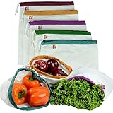 Eco Friendly Washable and Reusable Produce Bags - Soft Premium Lightweight Cotton Muslin Canvas Large - 12" X 14" - Set of 5 (Red, Yellow, Green, Blue, Purple) | By Naturally ConsciousTM