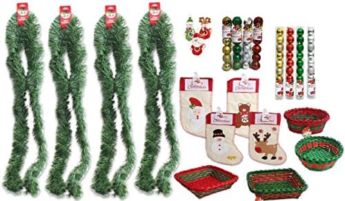BIG 75-pc Bundle of Christmas Decorations: 4 Garlands, 4 Baskets, 4 Stockings, 3 Candy Bags, 60 Ornament Balls