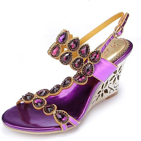 Unicrystal Women's Crystal Rhinestone with Tear Shaped Bridal Wedding Heels Prom Evening Wedge Sandals Purple 8 M US
