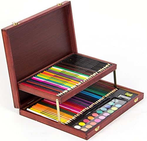 HENGJIA ARTIST MATERIAL 91-Piece Double Layer Studio Art &amp; Craft Supplies Set in Painting Box Set, Color Pencils, Sketch Pencil, Gouaches, Brush, Sharpener, Eraser Set, Perfect Combination of Secret Garden