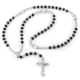 8MM Black Crystal Rondelle 5MM Silver Tone 9.5MM White Frosted Beads Mens Hip Hop 30 inch long Necklace, 5 inch Drop Rosary Cross Jesus Chain