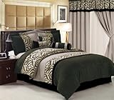 7 Pieces Sage, Beige, and Black Traditional Floral Micro Suede Comforter Se ....