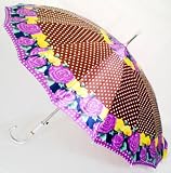 Beautiful Sixteen Rib Automatic Flower Umbrella, Brown Polka Dot Umbrella With Purple & Yellow Roses, Great Gift Idea
