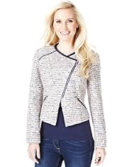 Petite Off Centre Zip Tweed Biker Jacket