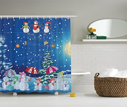 Think Yes Snowman Winter Snowkids Snowing Moonlight Snowflakes Digital Print Polyester Fabric Shower Curtain - Machine Washable WL