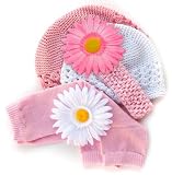 Girls My Little Legs & My Little Noggin 6 piece pink & white hat, headband, flowers, & leg warmers gift basket for baby & toddler