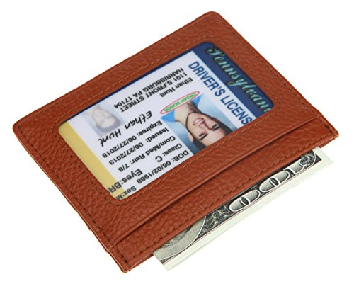 DKER Handmade Genuine Leather Unisex Slim Super Thin Card Holder With ID Card Window - Brown