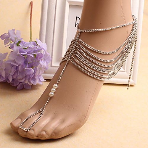 Suppion Tassel Chain Anklet Foot Ring Barefoot Sandal Beach (Silver)
