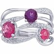 14K White Gold Amethyst, Pink Tourmaline, Amethyst, Mozambique Garnet and Diamond Ring