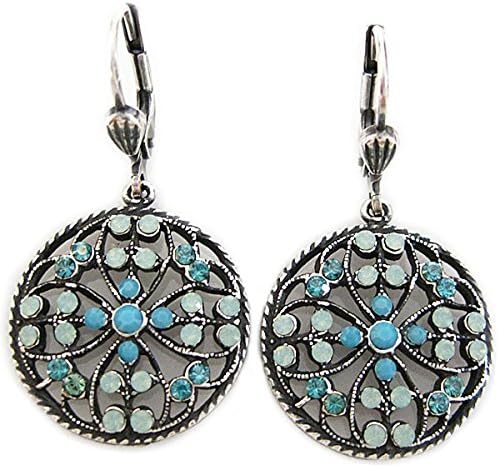 Catherine Popesco Silvertone Round Filigree Medallion Crystal Earrings, Blue 4784
