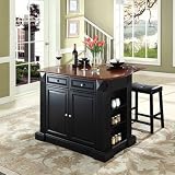 Drop Leaf Breakfast Bar Top Kitchen Island with 24" Upholstered Saddle Stools Black
