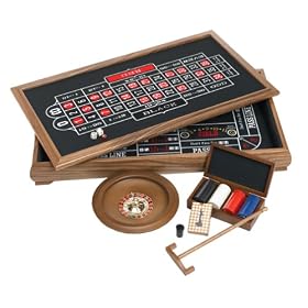 WALNUT 3-IN-1 CASINO Blackjack, craps and roulette w clay chips, roulette wheel and 1 deck by Wood Expressions