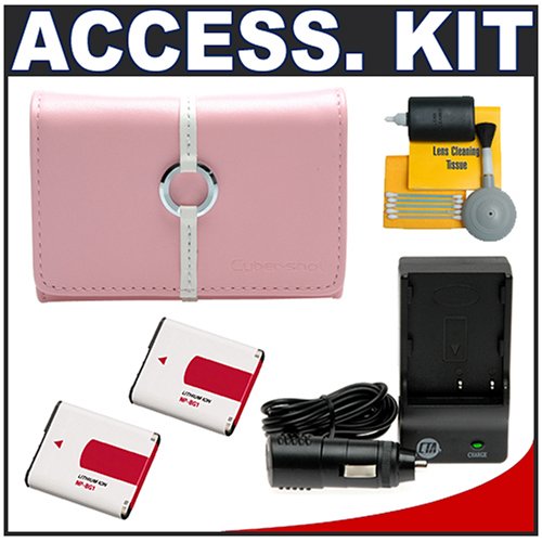 Sony CyberShot LCS-TWB/P Soft Leather Carrying Case (Pink) + (2) NP-BG1 Battery Packs + Charger + Accessory Kit for DSC-T100, DSC-W120, DSC-W130, DSC-W200, DSC-W300 DSC-W55, DSC-W80, DSC-W90, DSC-T20 Digital Cameras