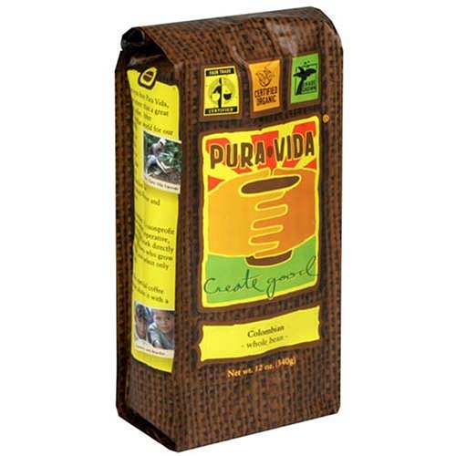 Pura Vida Whole Bean Coffee, Colombian, 12-Ounce Bags (Pack of 3)