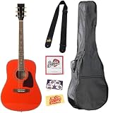 Barcelona D-200 Full-Size Dreadnought Acoustic Guitar Bundle with Gig Bag, Strap, Strings, Pick Card, and Polishing Cloth - Transparent Red