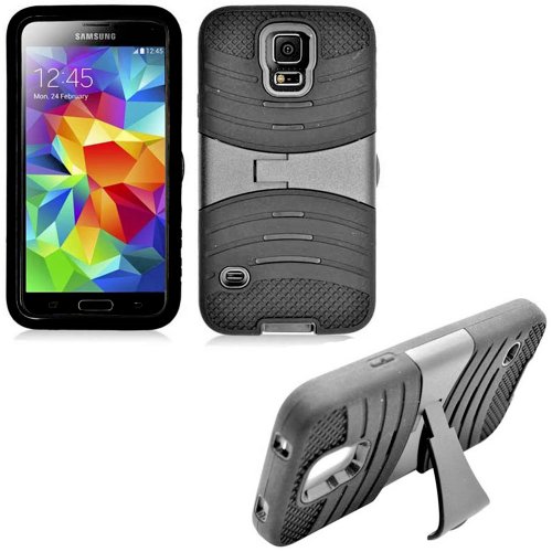 myLife Black Mist - Shockproof Survivor Series (Built In Kickstand + Easy Grip Ridges) 2 Piece + 2 Layer Case for NEW Galaxy S5 (5G) Smartphone by Samsung (Internal Flex Silicone Bumper Gel + Internal 2 Piece Rubberized Fitted Armor Protector + Shock Absorbing Material)