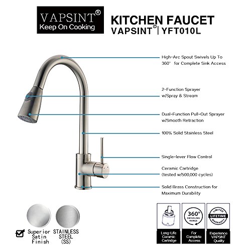 VAPSINT® Commercial Style Pull Out Kitchen Faucet, Brushed Nickel Pull