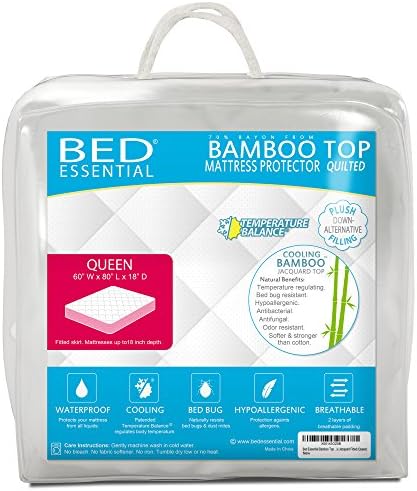 Bed Essential Bamboo Top Quilted Waterproof Mattress Protector Cooling Pillow Topper Cover Pad Bed Bug Hypoallergenic Jacquard Fitted (Queen)