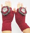 Handmade Artisan Pure Alpaca Natural Fiber Gloves - Raspberry in Winter with Crocheted Flower (100% Knitted By Hand/women/teens)