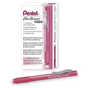 Pentel ZE22B, Clic Eraser Grip, Retractable Eraser, Red Barrel, Box of 12