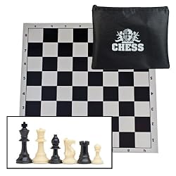 Tournament Style Chess Set - Staunton Chess Pieces - Triple Weighted with 3 3/4" King and a Black Canvas Zip Bag for Pieces - Includes Black Tournament Roll-up Chessboard