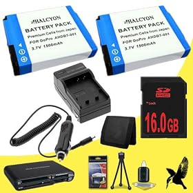 Two Halcyon 1500 mAH Lithium Ion Replacement Battery + External Rapid Charger + 16GB SDHC Class 10 Memory Card + Multi Card USB Reader + Memory Card Wallet + Deluxe Starter Kit for GoPro HD Hero, HD Hero2, HD HERO Naked