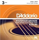 D'Addario EJ15-3D Phosphor Bronze Acoustic Guitar Strings, Extra Light, 3 Sets