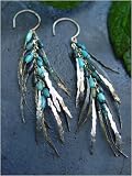 Feather Gold or Silver Dangle Earrings with Turquoise