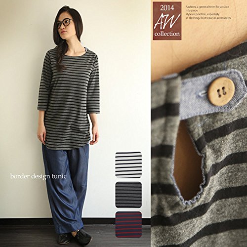 ダンガリーデニム トップス チュニック ワンピース ワンピ ボーダー 7分袖 カットソー 涙空きポイント (M Lサイズ / 3カラー)
