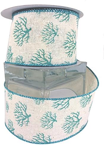 Nautical Coral Ribbon Wired Red, Aqua 1.5-2.5 Inch 10 Yards (2.5, Aqua)