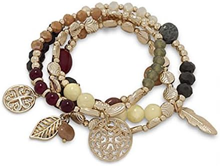 SilverStones Set of 4 Stretch Bracelets with Gold Tone Charms and Multicolor Stones