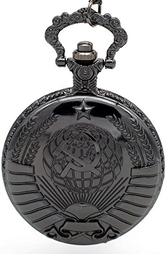 USSR Soviet Sickle Hammer Quartz Pocket Watch Analog Pendant Necklace Chain Men's Black