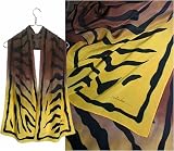 ULRIKE Oblong Crepe de Chine Silk Scarf - Ombre edged areas of nut brown, burnt sienna, and taupe culminate in an unadulterated yellow with fantasy zebra like black markings.