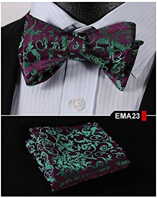 Ema Polka Dot Floral Men Silk Woven Pocket Square Self Bow Tie Handkerchief Set Color: EMA23(Green Purple)